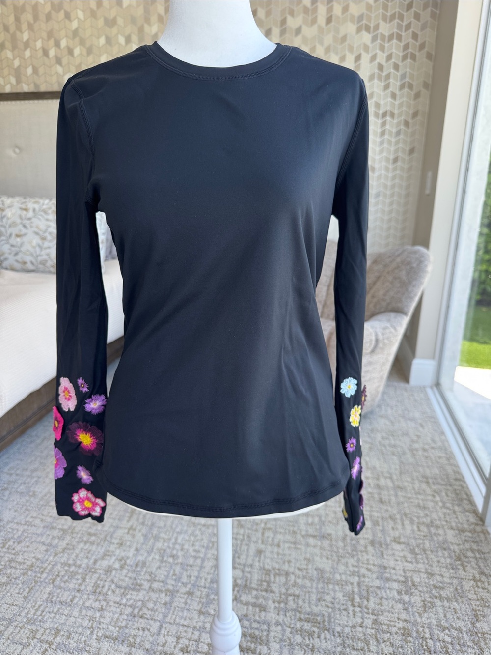 Black Long-Sleeve Tee with Floral Sleeve Apliques